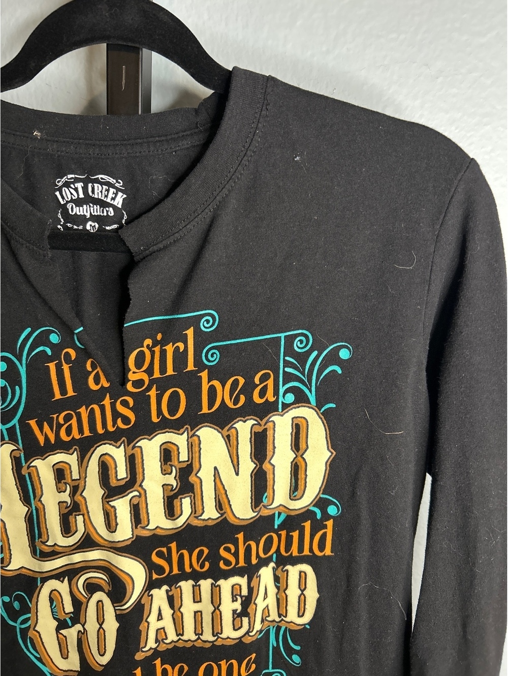Lost Creek Outfitters Black Long Sleeve Graphic T-Shirt with Front Cutout
